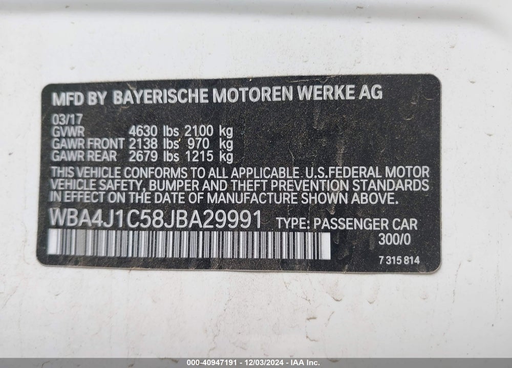 2018 BMW 430I GRAN COUPE VIN: WBA4J1C58JBA29991