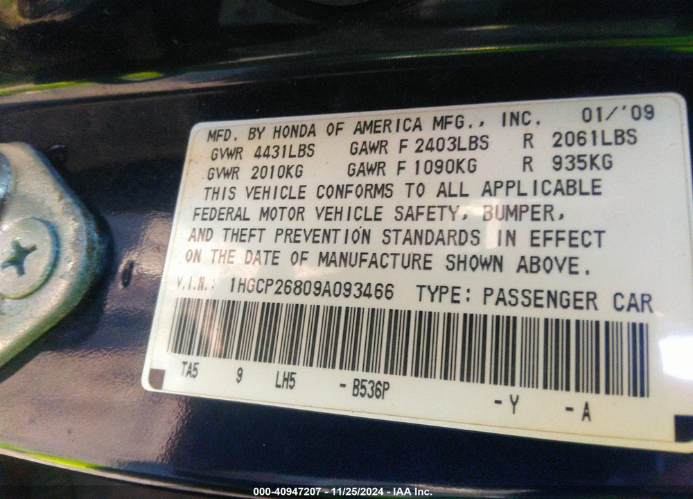 2009 HONDA ACCORD 2.4 EX-L VIN: 1HGCP26809A093466