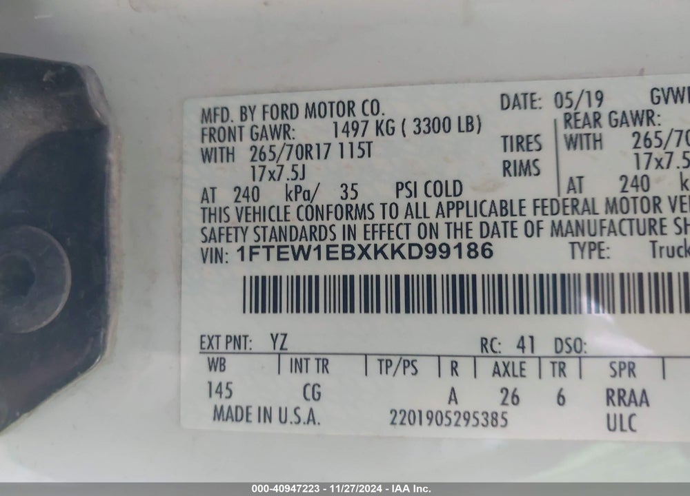 2019 FORD F-150 XL VIN: 1FTEW1EBXKKD99186