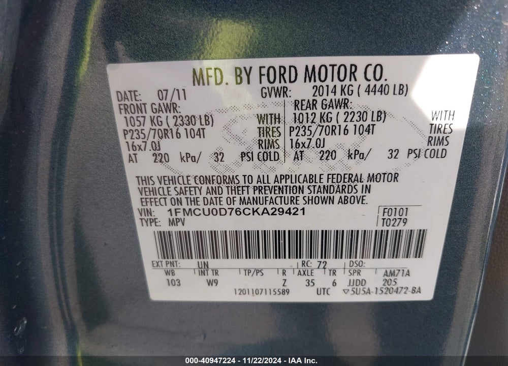 2012 FORD ESCAPE XLT VIN: 1FMCU0D76CKA29421