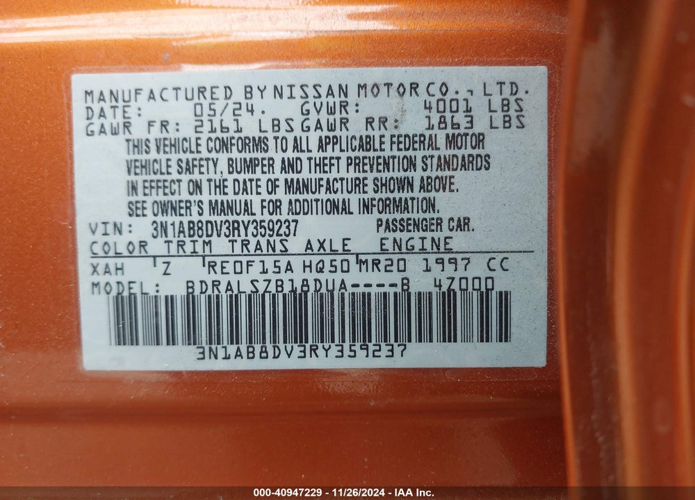 2024 NISSAN SENTRA SR XTRONIC CVT VIN: 3N1AB8DV3RY359237