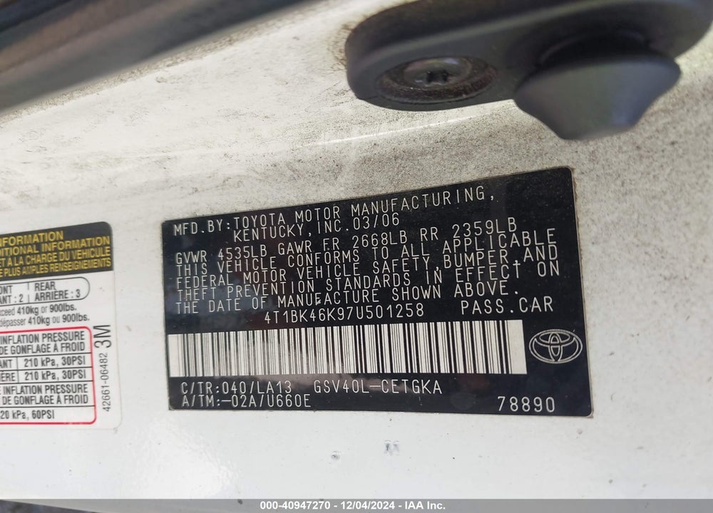 2007 TOYOTA CAMRY XLE V6 VIN: 4T1BK46K97U501258