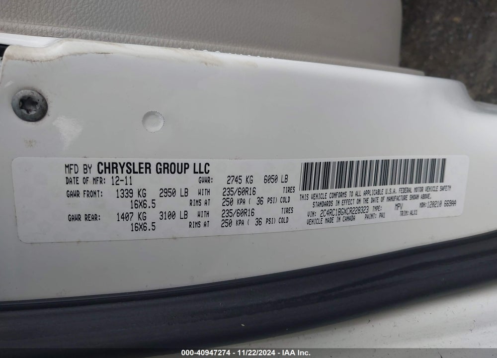 2012 CHRYSLER TOWN & COUNTRY TOURING VIN: 2C4RC1BGXCR228323