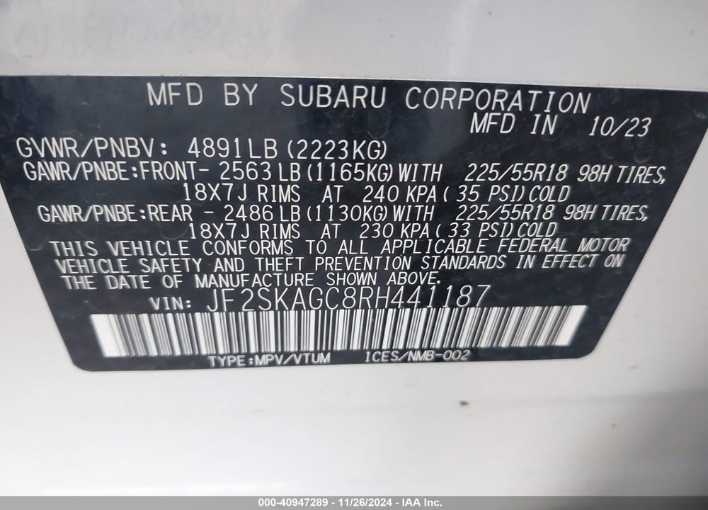 2024 SUBARU FORESTER SPORT VIN: JF2SKAGC8RH441187