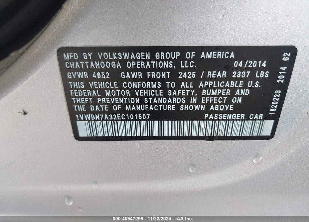 2014 VOLKSWAGEN PASSAT 2.0L TDI SE VIN: 1VWBN7A32EC101507