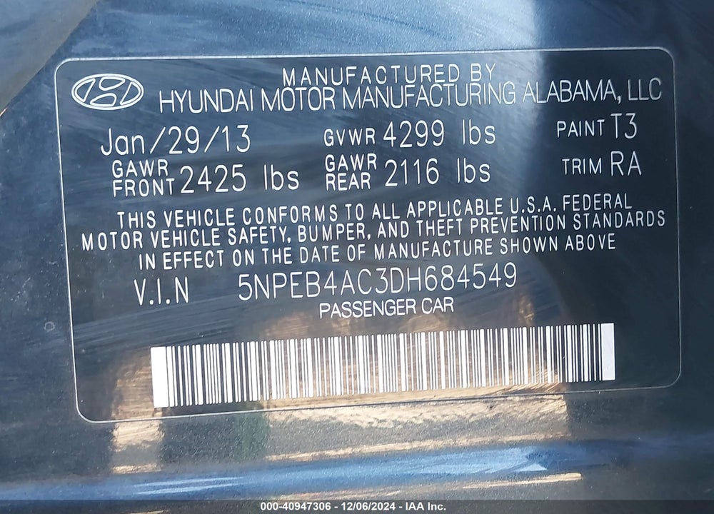 2013 HYUNDAI SONATA GLS VIN: 5NPEB4AC3DH684549
