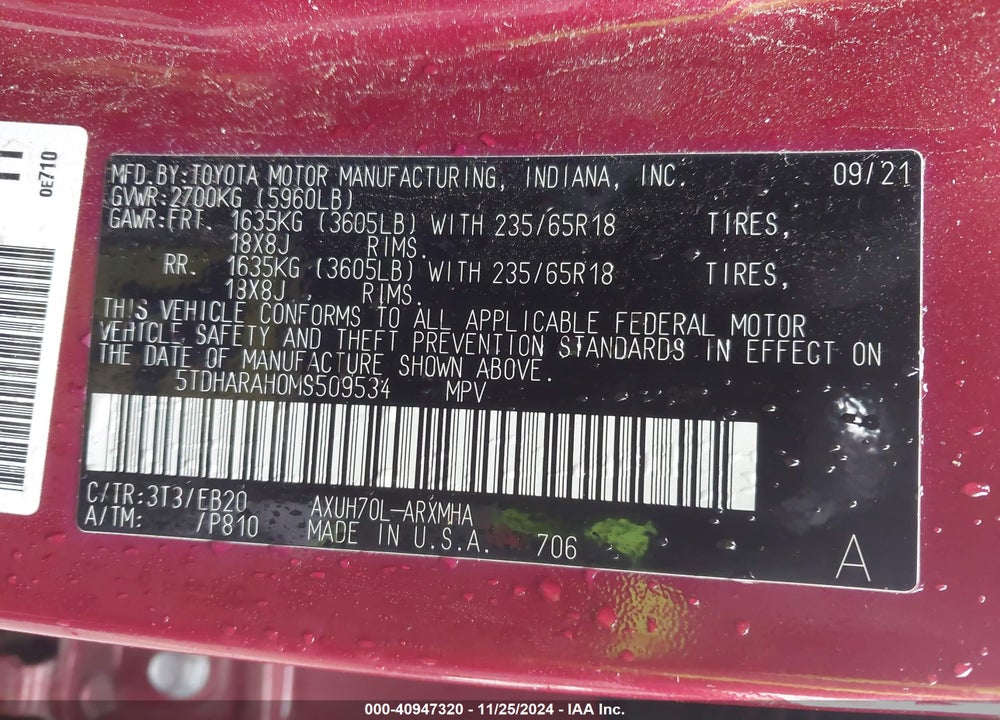 2021 TOYOTA HIGHLANDER HYBRID XLE VIN: 5TDHARAH0MS509534