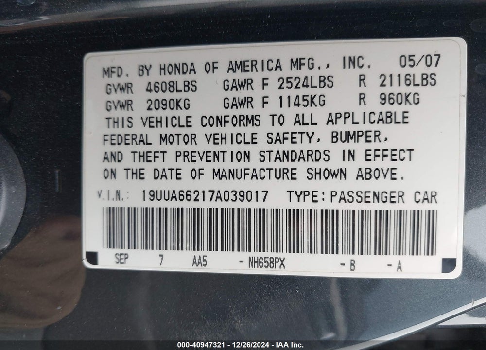 2007 ACURA TL 3.2 VIN: 19UUA66217A039017