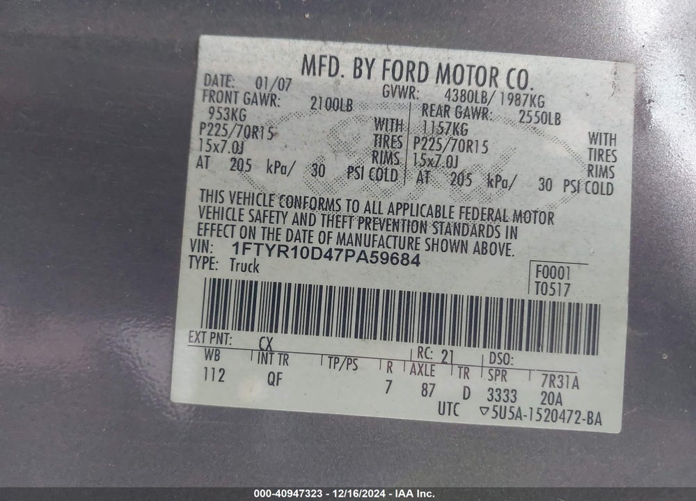 2007 FORD RANGER STX/XL/XLT VIN: 1FTYR10D47PA59684