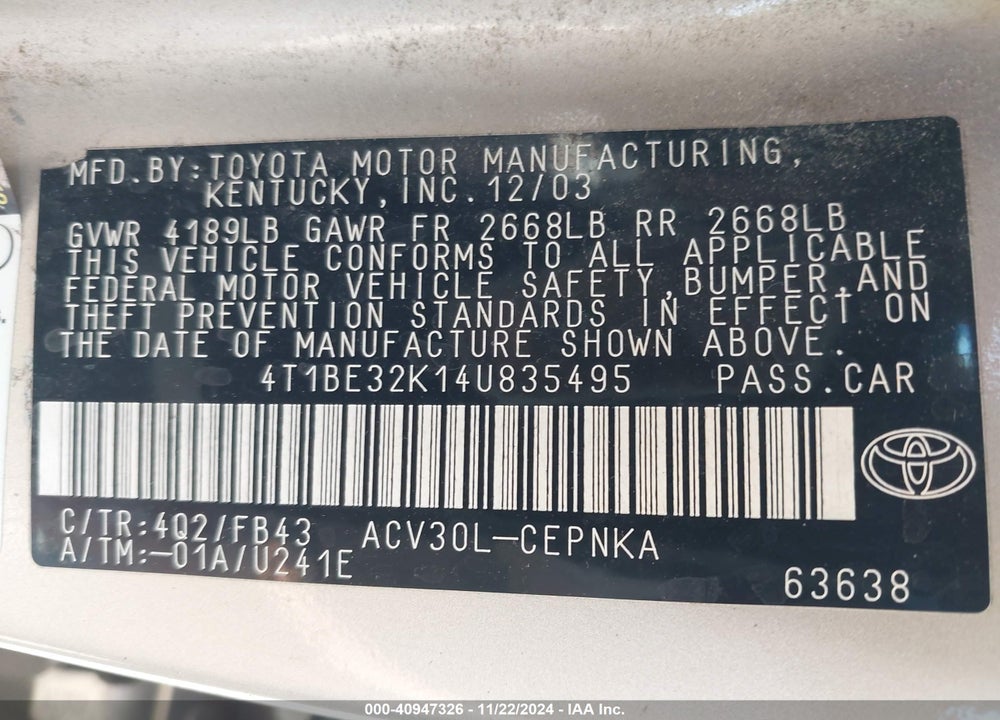 2004 TOYOTA CAMRY LE VIN: 4T1BE32K14U835495