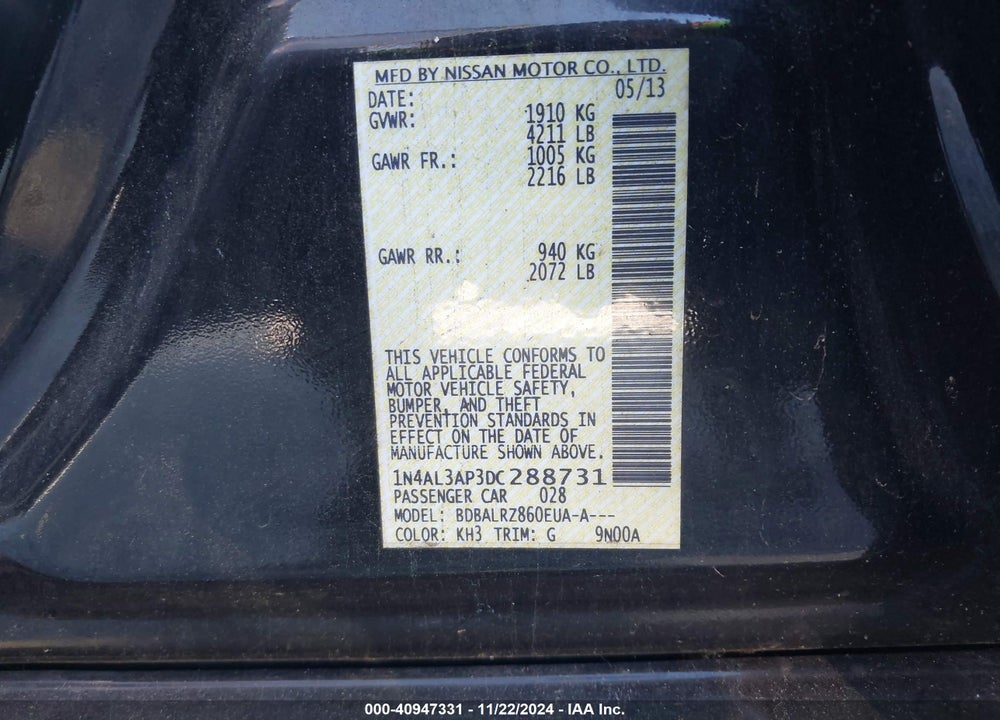2013 NISSAN ALTIMA 2.5 S VIN: 1N4AL3AP3DC288731