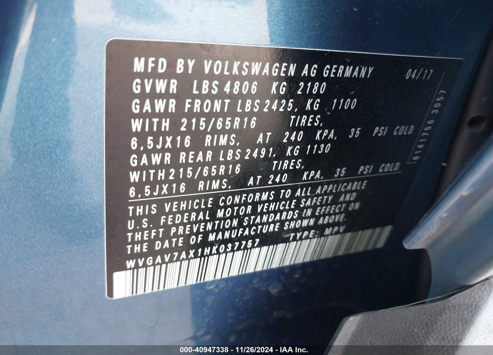 2017 VOLKSWAGEN TIGUAN 2.0T/2.0T S VIN: WVGAV7AX1HK037757