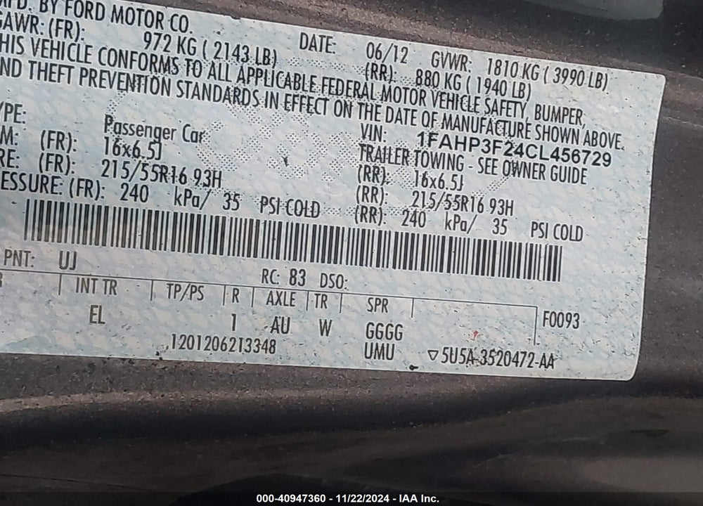 2012 FORD FOCUS SE VIN: 1FAHP3F24CL456729