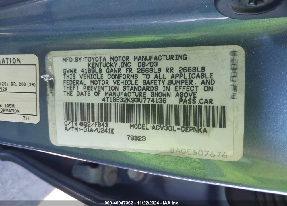 2003 TOYOTA CAMRY LE VIN: 4T1BE32K93U774136