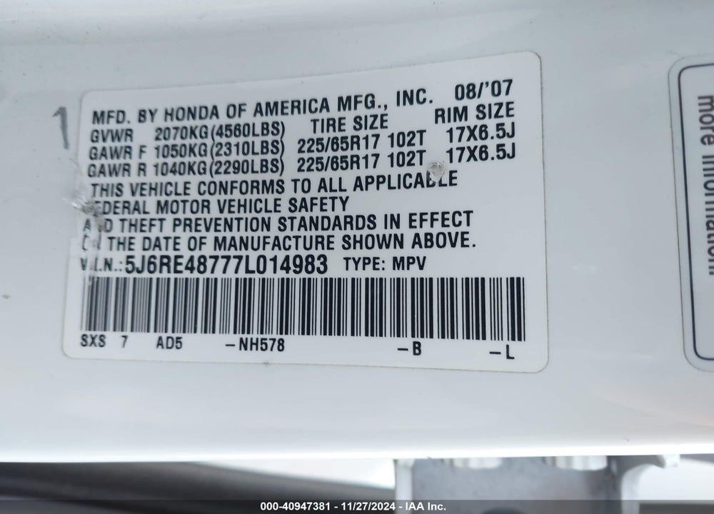 2007 HONDA CR-V EX-L VIN: 5J6RE48777L014983
