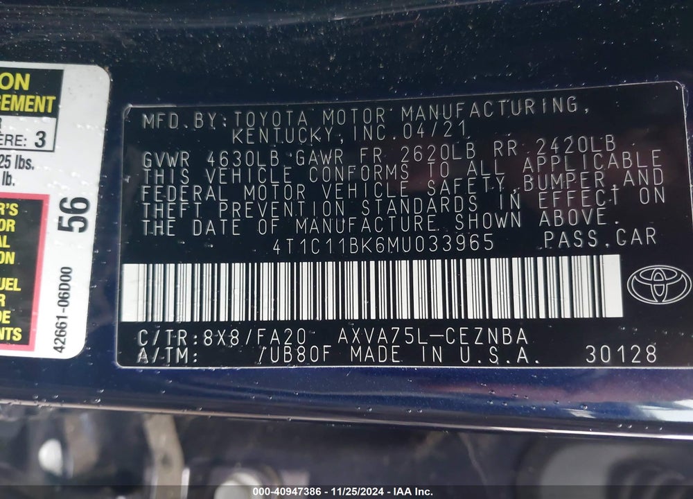 2021 TOYOTA CAMRY LE AWD VIN: 4T1C11BK6MU033965