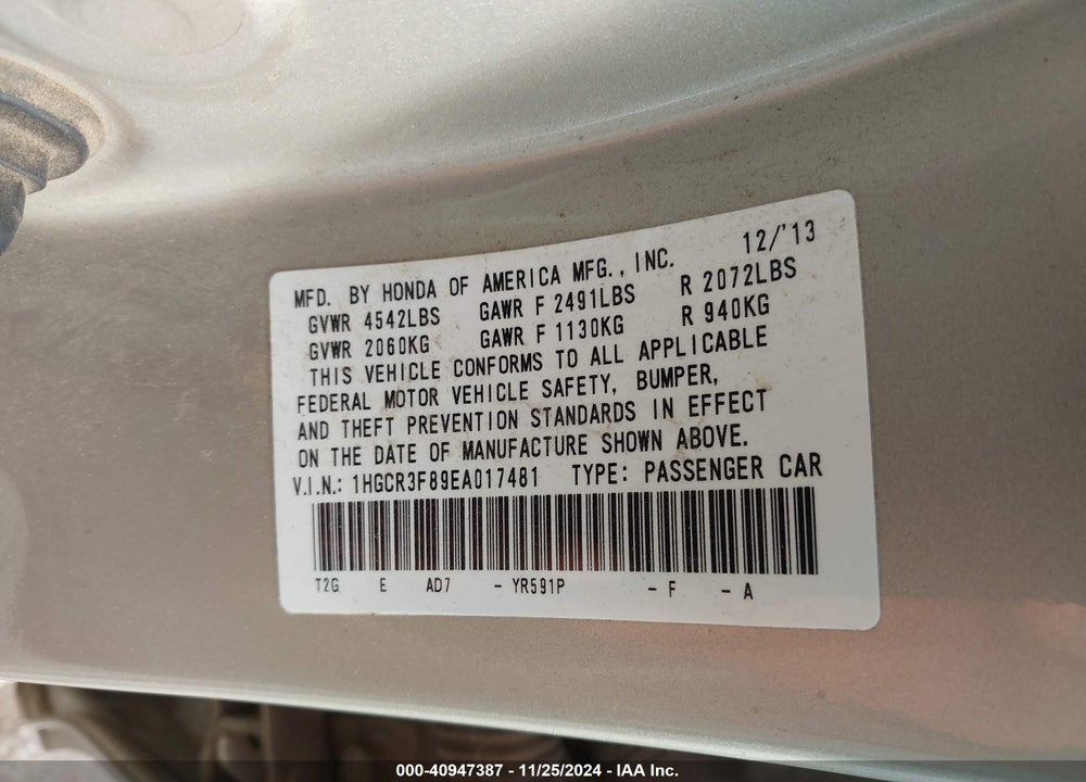 2014 HONDA ACCORD EX-L V-6 VIN: 1HGCR3F89EA017481