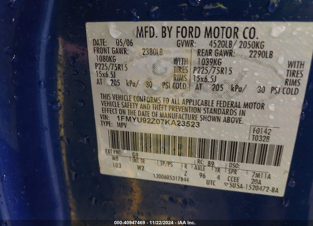 2007 FORD ESCAPE XLS/XLS MANUAL VIN: 1FMYU92Z07KA23523