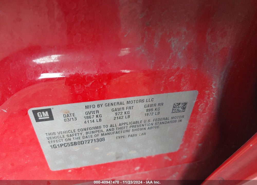 2013 CHEVROLET CRUZE 1LT AUTO VIN: 1G1PC5SB0D7271308