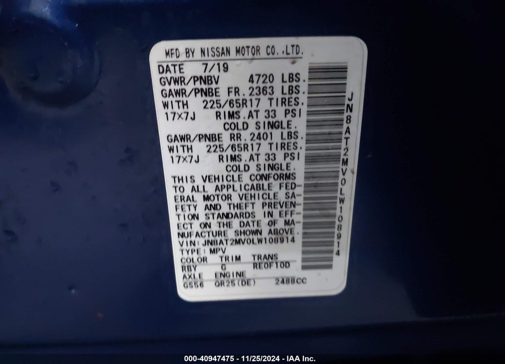 2020 NISSAN ROGUE S INTELLIGENT AWD VIN: JN8AT2MV0LW108914