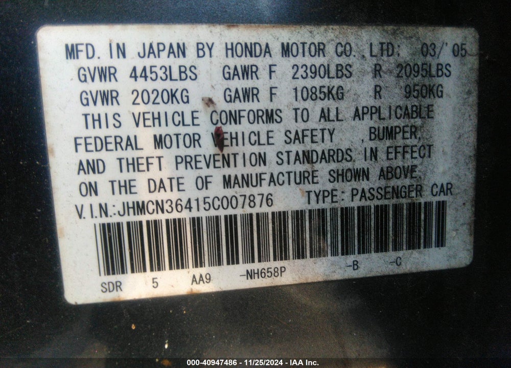 2005 HONDA ACCORD HYBRID IMA VIN: JHMCN36415C007876
