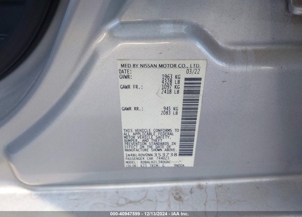 2022 NISSAN ALTIMA SV FWD VIN: 1N4BL4DV0NN353738