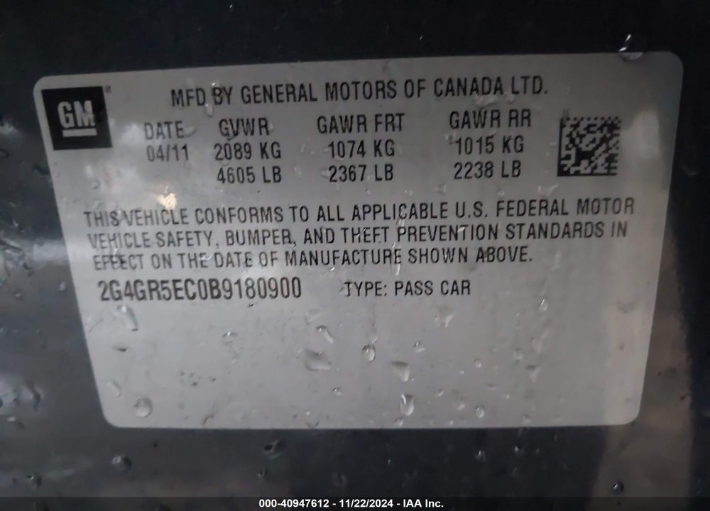 2011 BUICK REGAL CXL OSHAWA VIN: 2G4GR5EC0B9180900