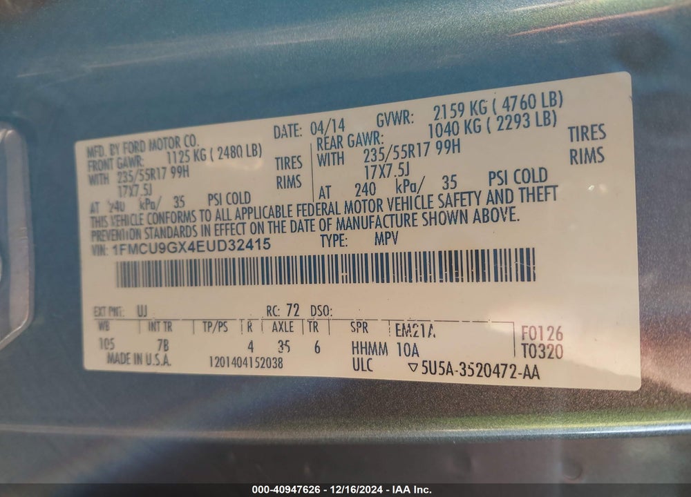 2014 FORD ESCAPE SE VIN: 1FMCU9GX4EUD32415