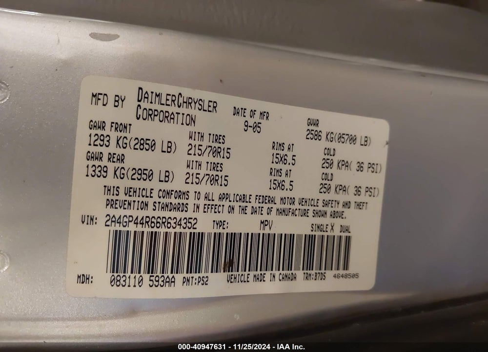 2006 CHRYSLER TOWN & COUNTRY LX VIN: 2A4GP44R66R634352