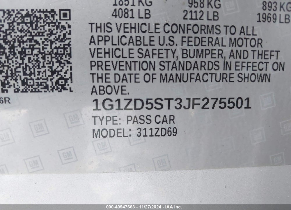 2018 CHEVROLET MALIBU LT VIN: 1G1ZD5ST3JF275501