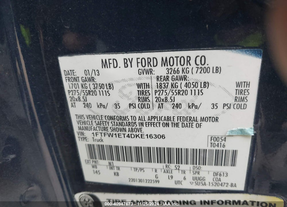 2013 FORD F-150 KING RANCH VIN: 1FTFW1ET4DKE16306