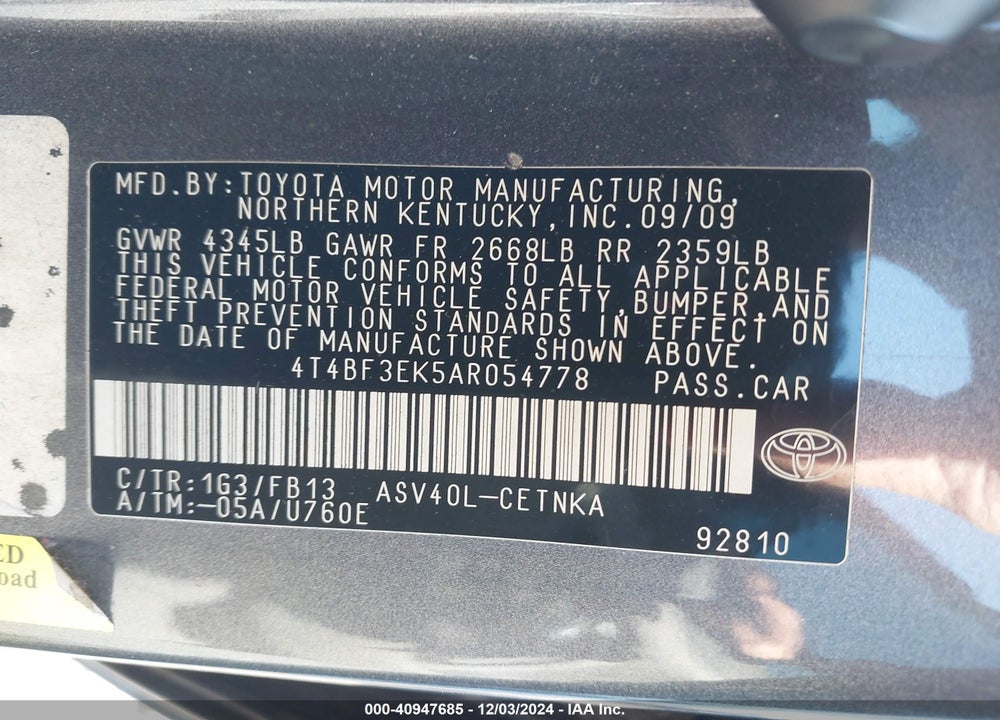 2010 TOYOTA CAMRY LE VIN: 4T4BF3EK5AR054778