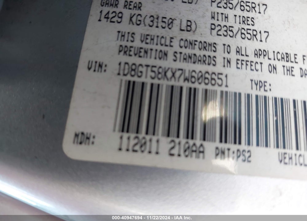 2007 DODGE NITRO SLT/RT VIN: 1D8GT58KX7W606651