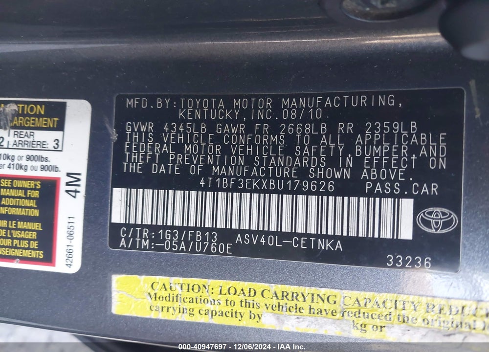 2011 TOYOTA CAMRY LE VIN: 4T1BF3EKXBU179626