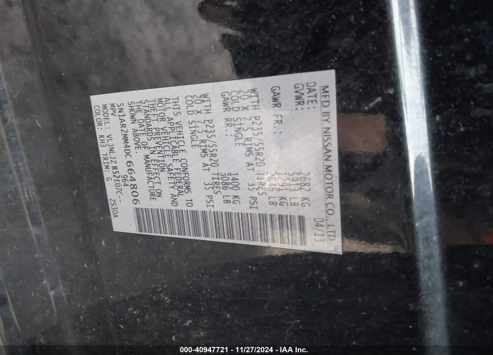 2013 NISSAN PATHFINDER PLATINUM VIN: 5N1AR2MM4DC664806