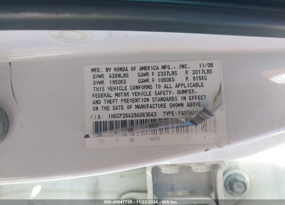 2009 HONDA ACCORD VIN: 1HGCP26429A063043