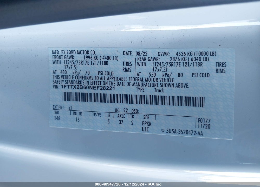2022 FORD F-250 XL VIN: 1FT7X2B60NEF28221