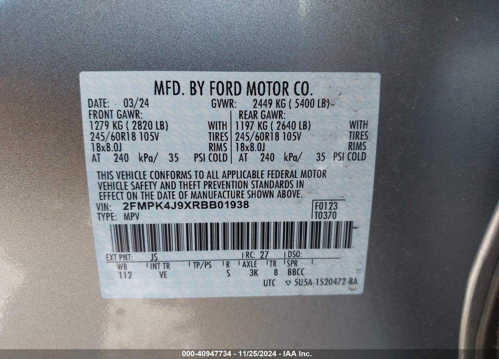 2024 FORD EDGE SEL VIN: 2FMPK4J9XRBB01938