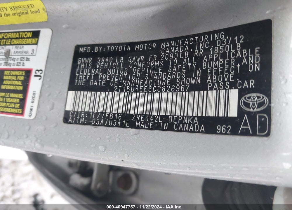 2012 TOYOTA COROLLA LE VIN: 2T1BU4EE6CC826967