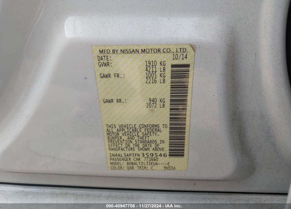 2015 NISSAN ALTIMA VIN: 1N4AL3AP3FN359546