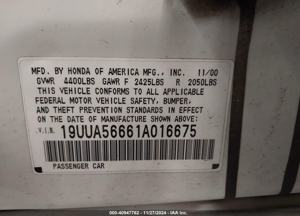 2001 ACURA TL 3.2 VIN: 19UUA56661A016675