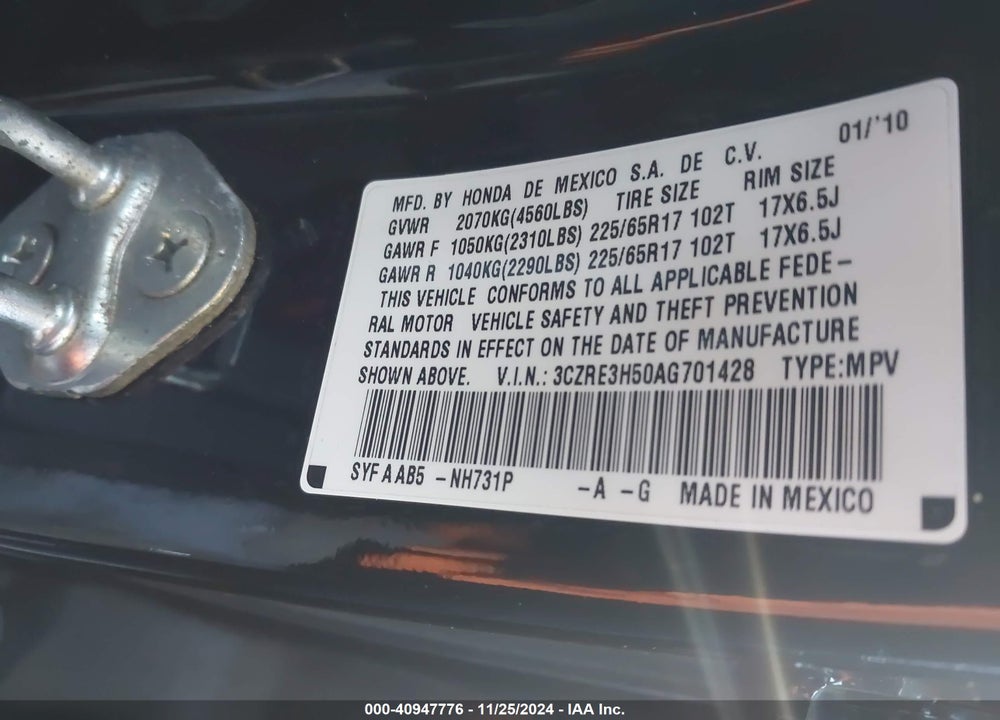 2010 HONDA CR-V EX VIN: 3CZRE3H50AG701428