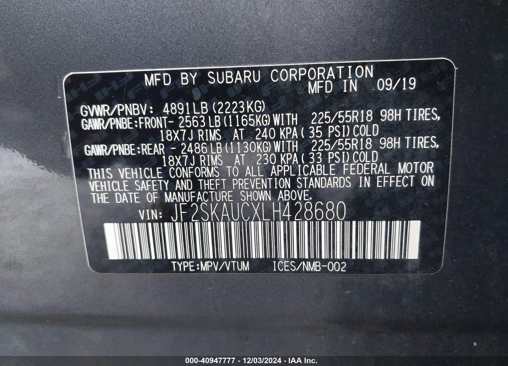2020 SUBARU FORESTER LIMITED VIN: JF2SKAUCXLH428680