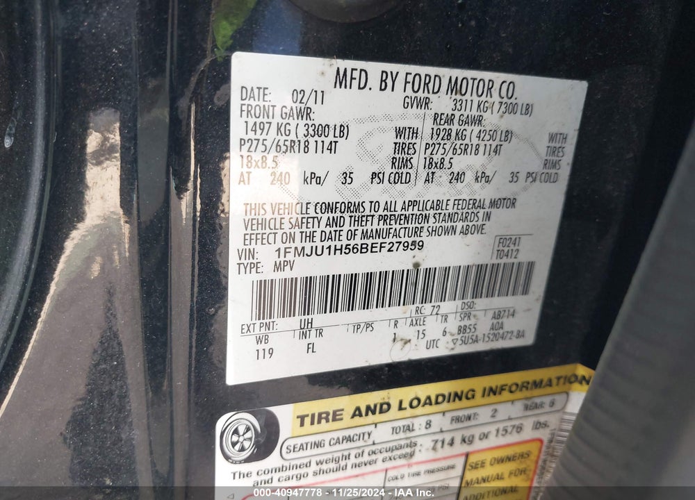 2011 FORD EXPEDITION XLT VIN: 1FMJU1H56BEF27959