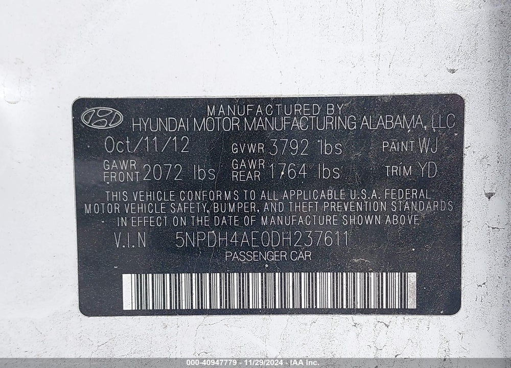 2013 HYUNDAI ELANTRA LIMITED VIN: 5NPDH4AE0DH237611