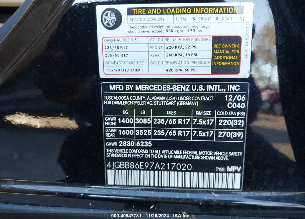 2007 MERCEDES-BENZ ML 350 4MATIC VIN: 4JGBB86E97A217020
