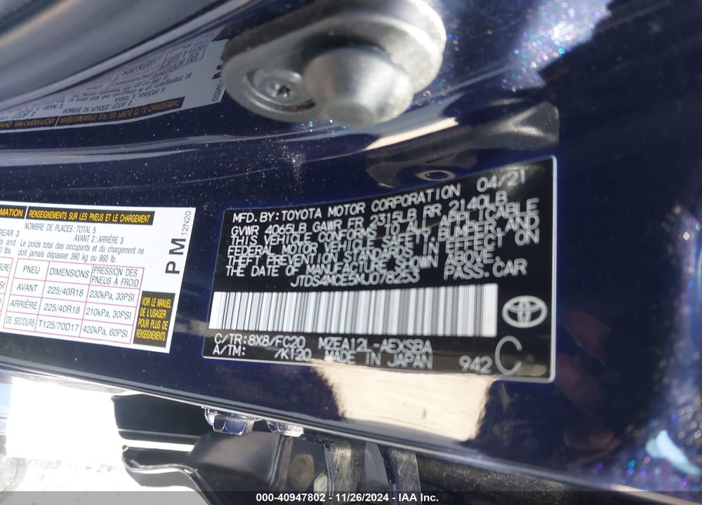 2021 TOYOTA COROLLA VIN: JTDS4MCE5MJ078253