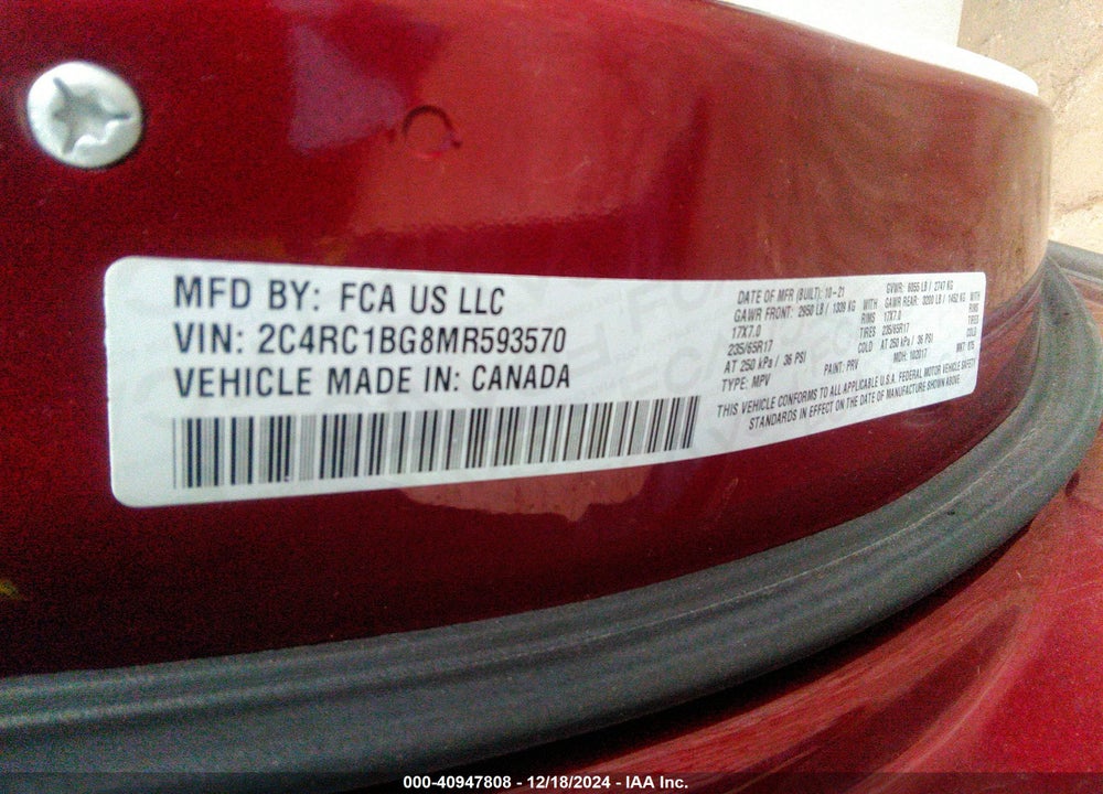 2021 CHRYSLER PACIFICA TOURING L VIN: 2C4RC1BG8MR593570