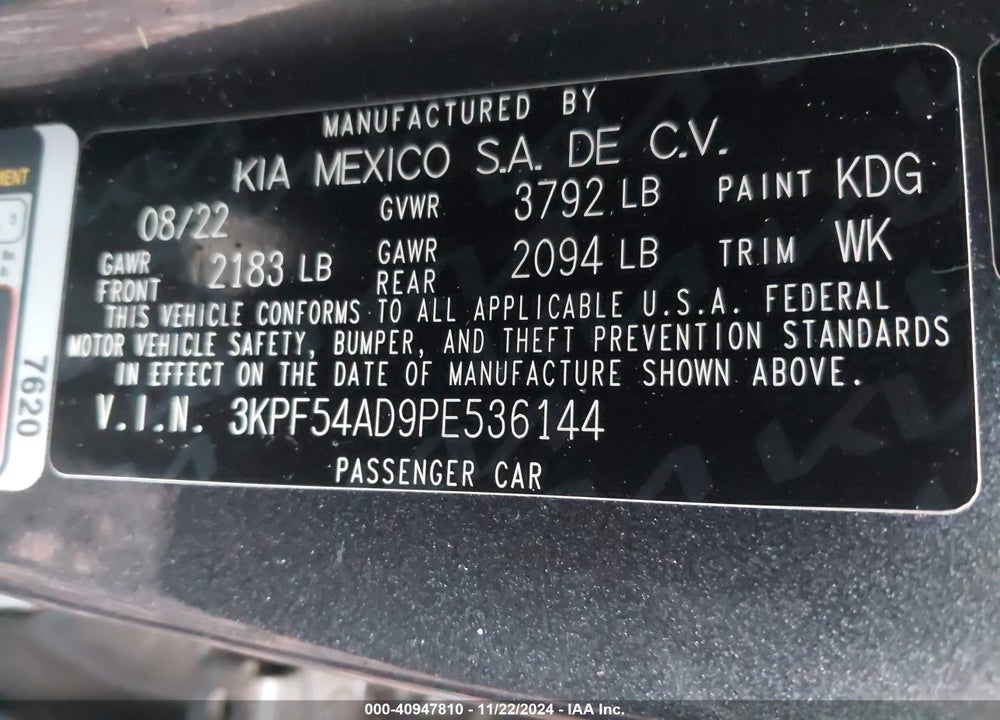 2023 KIA FORTE GT LINE VIN: 3KPF54AD9PE536144