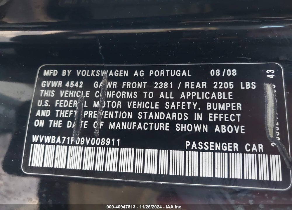 2009 VOLKSWAGEN EOS KOMFORT VIN: WVWBA71F09V008911